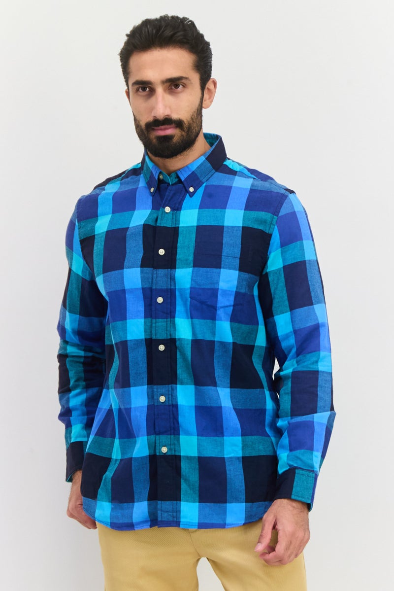 Chaps Men Regular Fit Long Sleeve Checkered Casual Shirt, Blue - Image 1