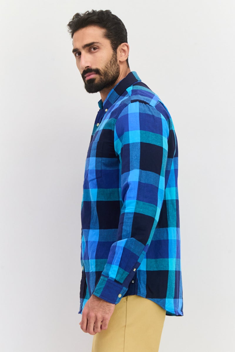 Chaps Men Regular Fit Long Sleeve Checkered Casual Shirt, Blue - Image 2
