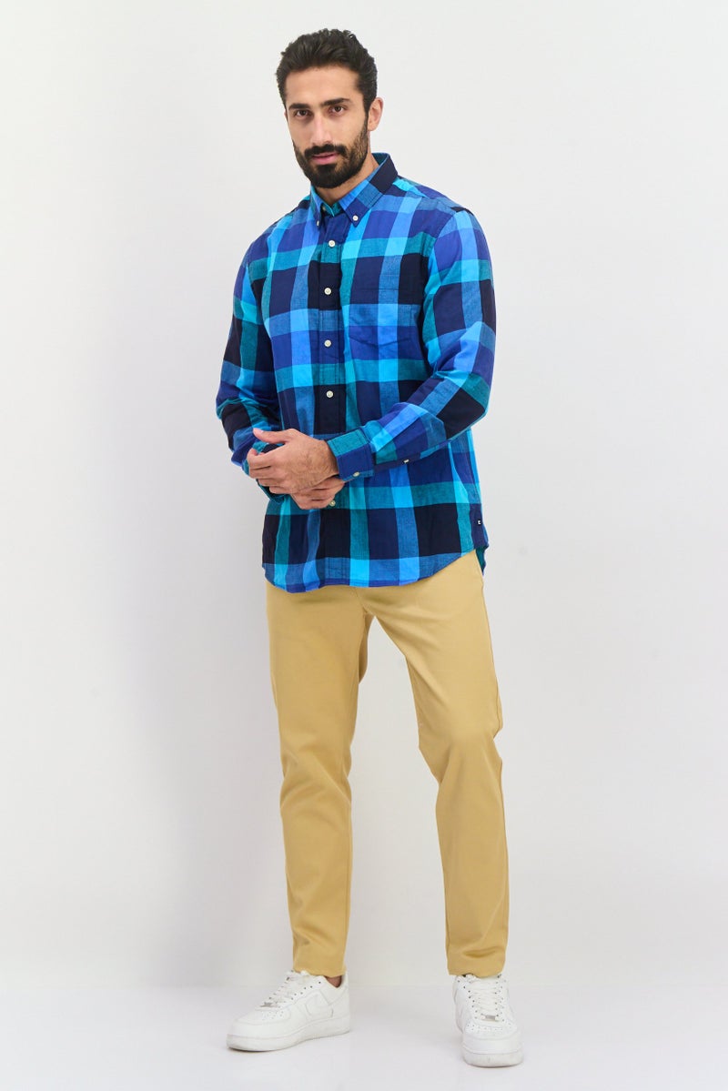 Chaps Men Regular Fit Long Sleeve Checkered Casual Shirt, Blue - Image 4
