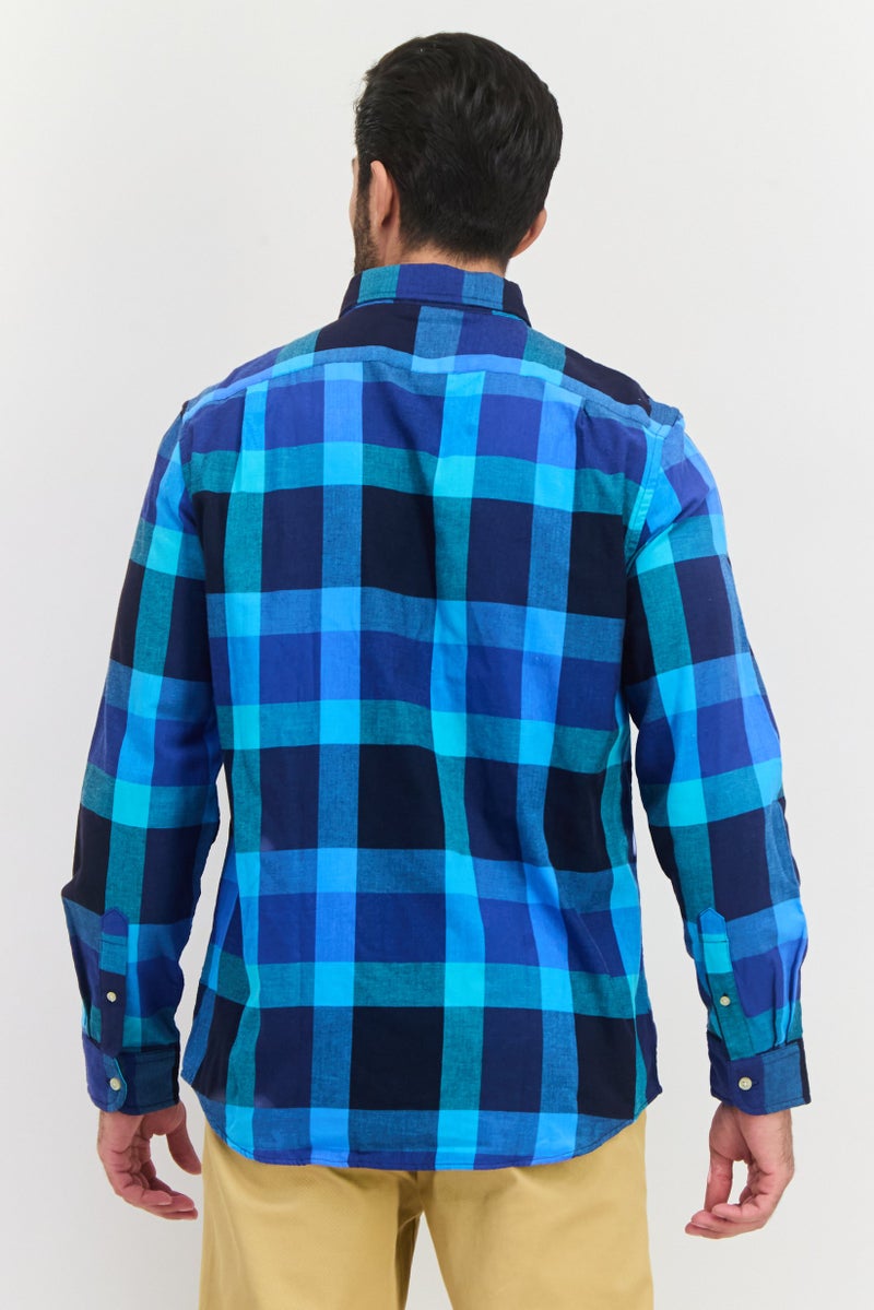 Chaps Men Regular Fit Long Sleeve Checkered Casual Shirt, Blue - Image 3