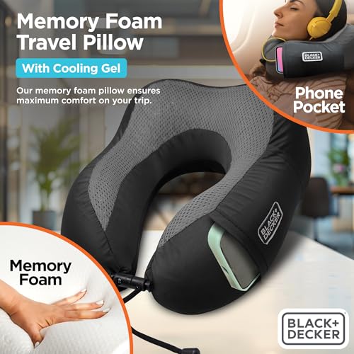 BLACK+DECKER Cooling Gel Memory Foam Neck Pillow – Travel Pillow for Plane, Car & Train – Ergonomic Neck Support, Slow Rebound Memory Foam, Washable Cover, Universal Fit, Black - Image 2