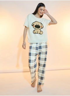 Take Two Puppy Print T-Shirt & Checked Pyjama Set  - Image 1