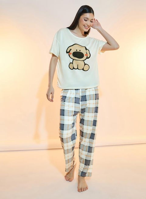 Puppy Print T-Shirt & Checked Pyjama Set