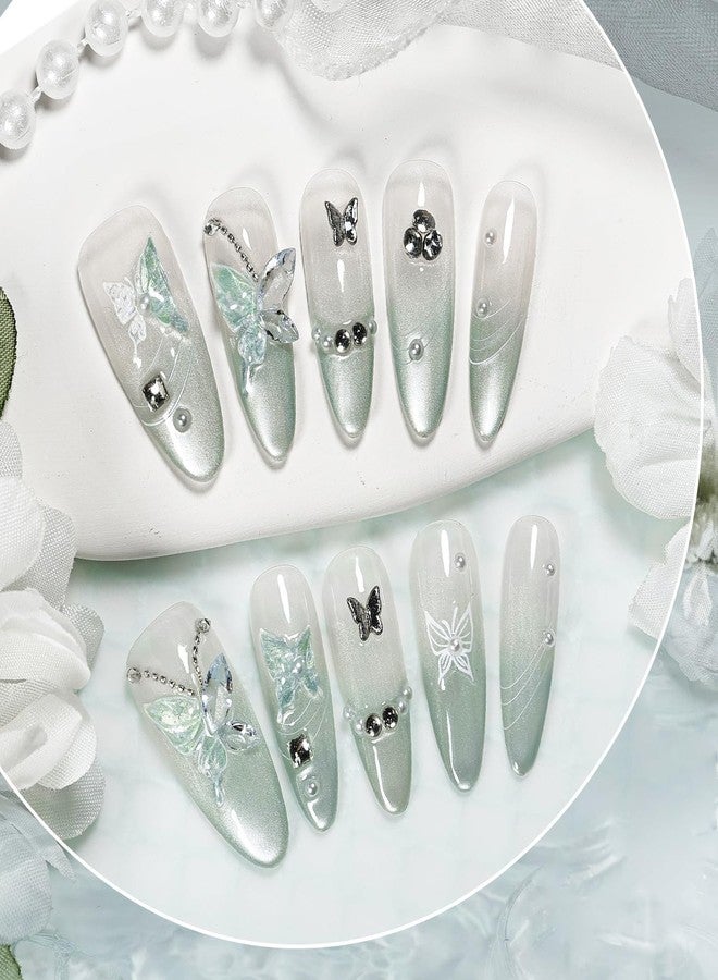 JODSONE Press on Nails Butterfly Almond Shape Cat Eye Handmade 3D Fake Nail Tips Reuseable Fashionable Design Long Lasting Fit Easy to Create Exquisite Fingertips- Small - Image 5