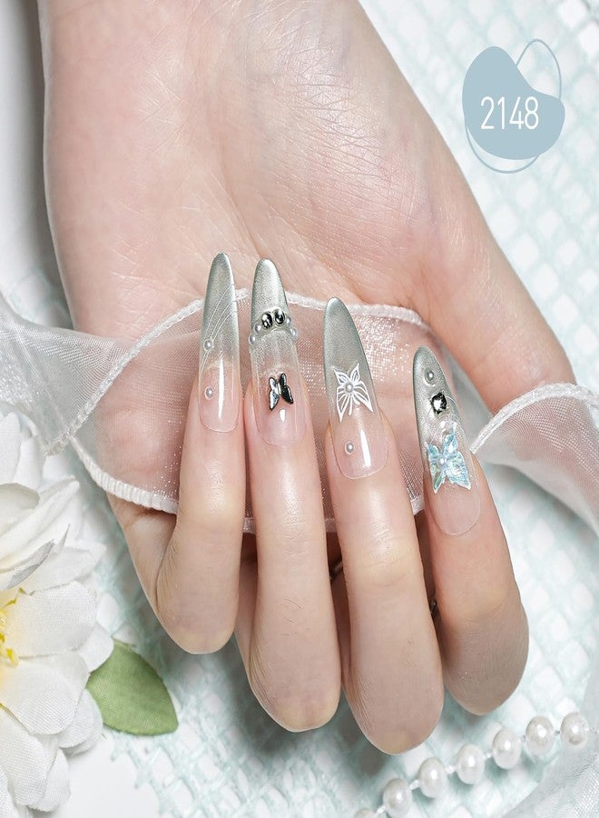 JODSONE Press on Nails Butterfly Almond Shape Cat Eye Handmade 3D Fake Nail Tips Reuseable Fashionable Design Long Lasting Fit Easy to Create Exquisite Fingertips- Small - Image 3