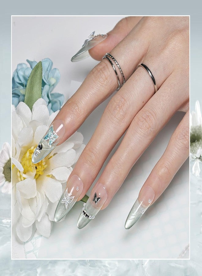 JODSONE Press on Nails Butterfly Almond Shape Cat Eye Handmade 3D Fake Nail Tips Reuseable Fashionable Design Long Lasting Fit Easy to Create Exquisite Fingertips- Small - Image 2