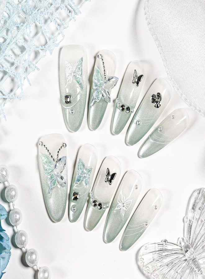 JODSONE Press on Nails Butterfly Almond Shape Cat Eye Handmade 3D Fake Nail Tips Reuseable Fashionable Design Long Lasting Fit Easy to Create Exquisite Fingertips- Small - Image 1