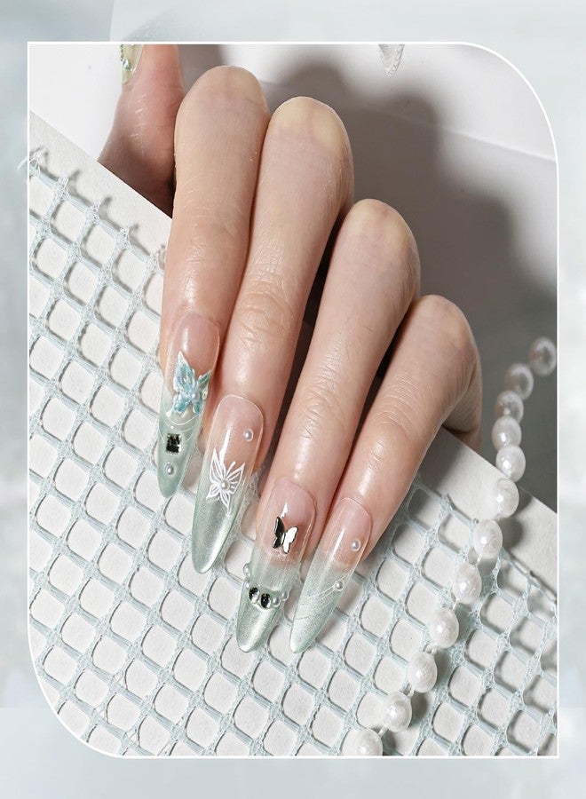 JODSONE Press on Nails Butterfly Almond Shape Cat Eye Handmade 3D Fake Nail Tips Reuseable Fashionable Design Long Lasting Fit Easy to Create Exquisite Fingertips- Small - Image 4