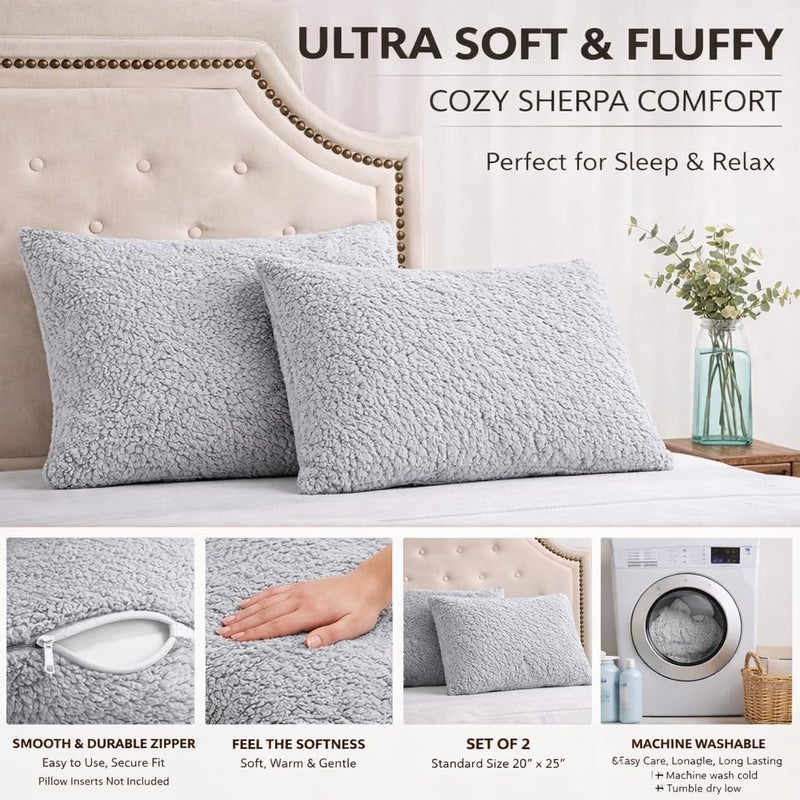 Reafort Ultra Soft Sherpa Pillowcases Set of 2 – Fluffy Cozy Fleece Standard 20" x 26", Warm Plush Covers with Smooth Zipper, Machine Washable (Silver Grey, 20”x26” Standard Sham) - Image 3