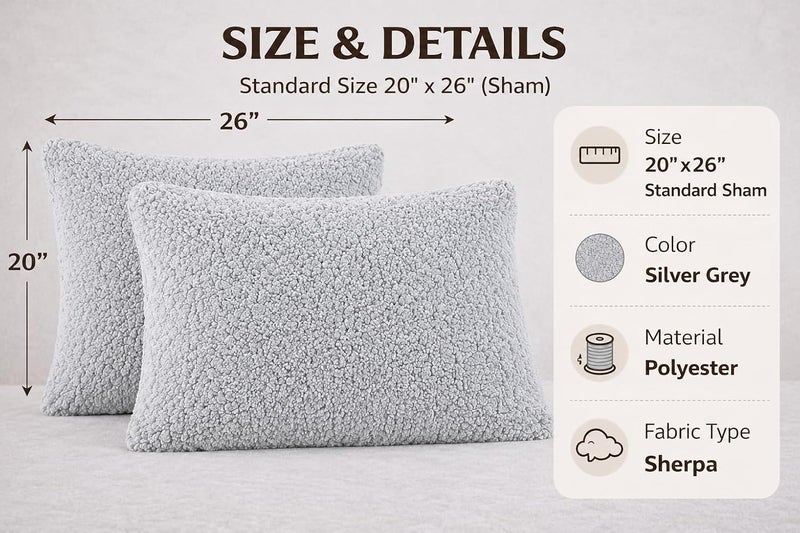 Reafort Ultra Soft Sherpa Pillowcases Set of 2 – Fluffy Cozy Fleece Standard 20" x 26", Warm Plush Covers with Smooth Zipper, Machine Washable (Silver Grey, 20”x26” Standard Sham) - Image 2