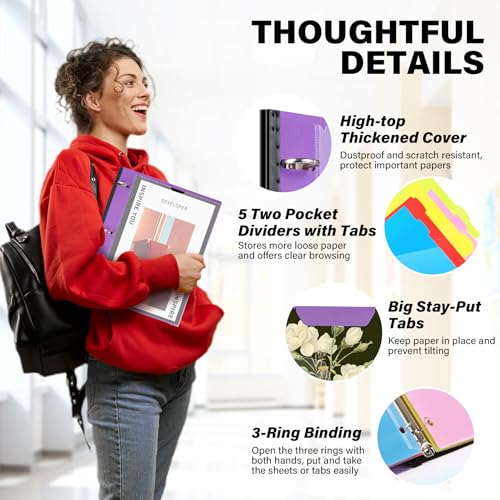 WOT I Telescoping Project Organizer 2-Pack, Refillable 3 Ring Binder with Dividers and Pockets, 13 Pocket Folders, 1 Inch 3 Rings, Purple - Image 5