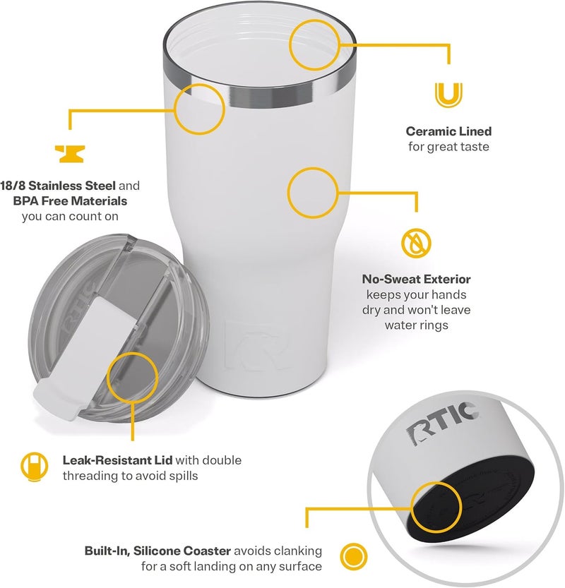 RTIC 30oz Essential Tumbler with Lid, Ceramic Lined, Insulated, Stainless Steel, Metal, Double Wall Vacuum-Insulation, Travel Cup for Iced Coffee, Tea, Hot and Cold Drink, White - Image 3