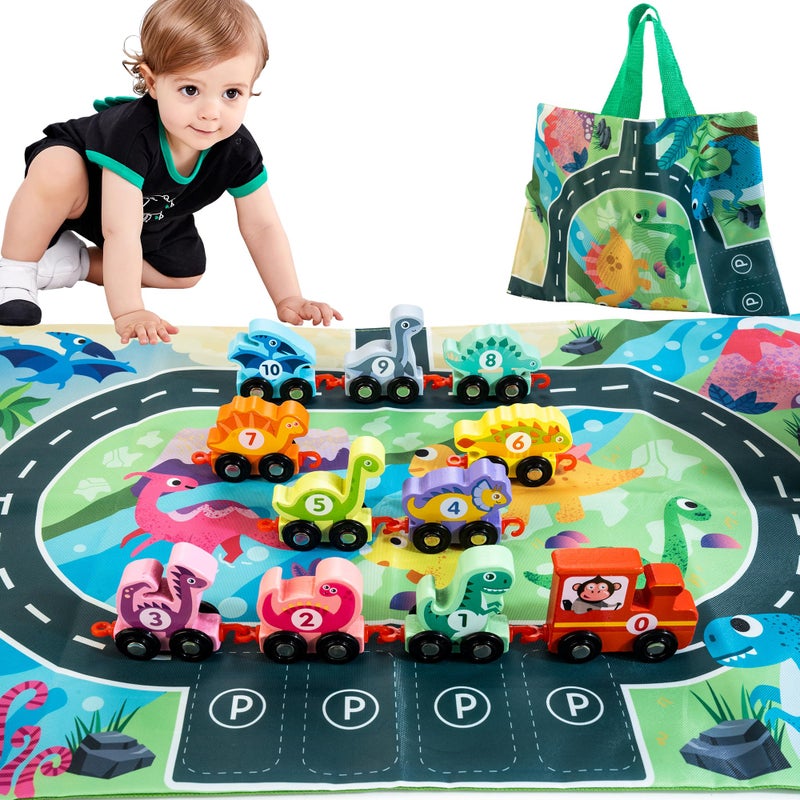 HELLOWOOD Dinosaur Toys for Toddlers Age 24 Wooden Dinosaur Train Set with PlaymatStorage Bag Montessori Educational Toys for 2 Years Old Boys Girls - Image 2