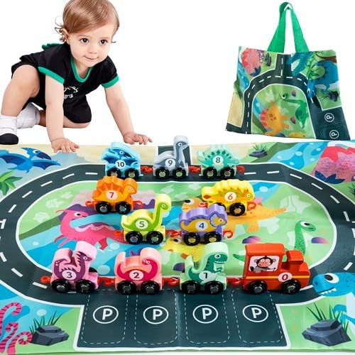 HELLOWOOD Dinosaur Toys for Toddlers Age 24 Wooden Dinosaur Train Set with PlaymatStorage Bag Montessori Educational Toys for 2 Years Old Boys Girls - Image 1