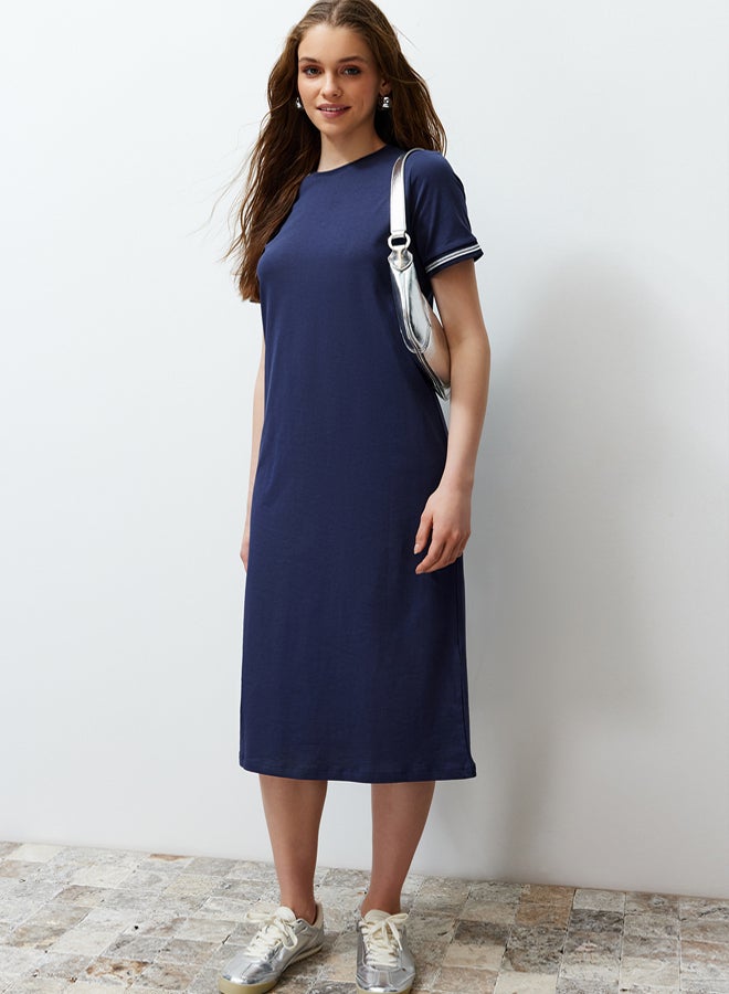 trendyol Navy Blue Knitwear Band Detailed Crew Neck Short Sleeve Flexible Midi Knitted Maxi Dress - Image 2