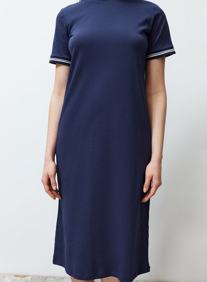 trendyol Navy Blue Knitwear Band Detailed Crew Neck Short Sleeve Flexible Midi Knitted Maxi Dress - Image 4