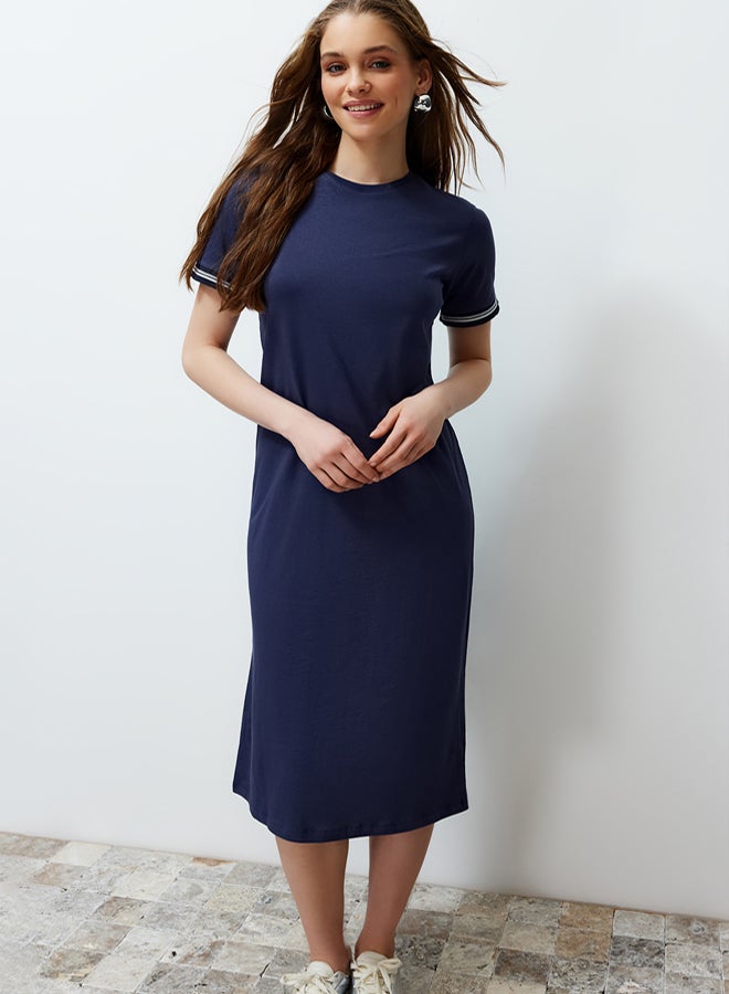 trendyol Navy Blue Knitwear Band Detailed Crew Neck Short Sleeve Flexible Midi Knitted Maxi Dress - Image 3
