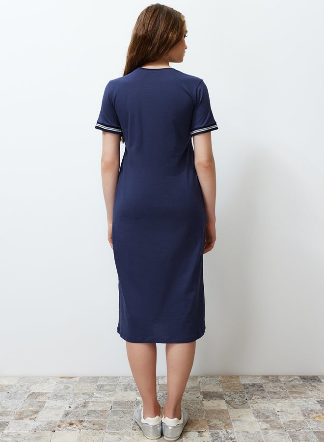 trendyol Navy Blue Knitwear Band Detailed Crew Neck Short Sleeve Flexible Midi Knitted Maxi Dress - Image 5
