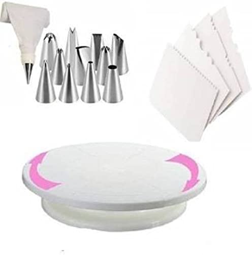 SURPLAST SURPLAST Cake Decoration Tools Combo 1 Turn Table with 12pcs nozzles 1pcs Reusable Icing Bag Kitchen Tool Set 4 Pcs Cake Scrapper White Kitchen Tool Set White - Image 1