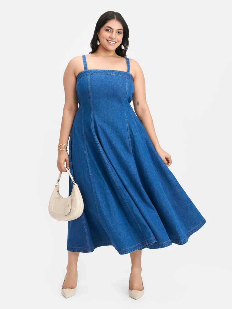 فيرجيو Solid Cotton Denim Buttoned Flared Plus Size Dress for Women