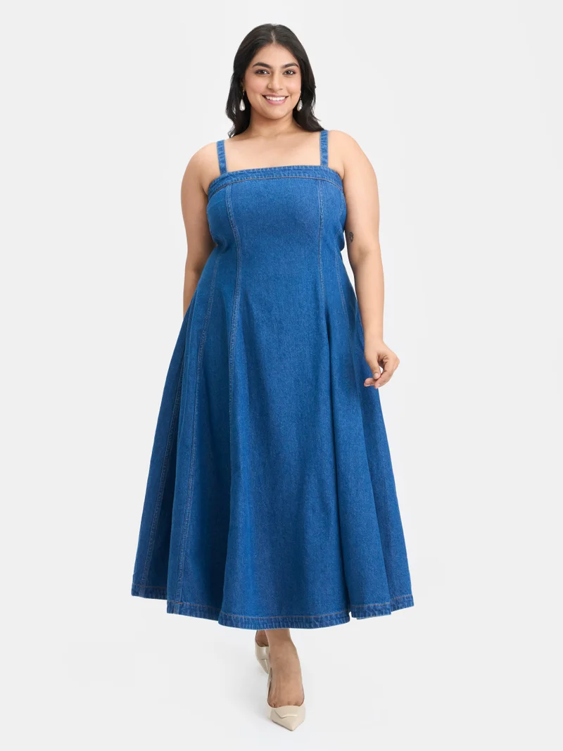 فيرجيو Solid Cotton Denim Buttoned Flared Plus Size Dress for Women