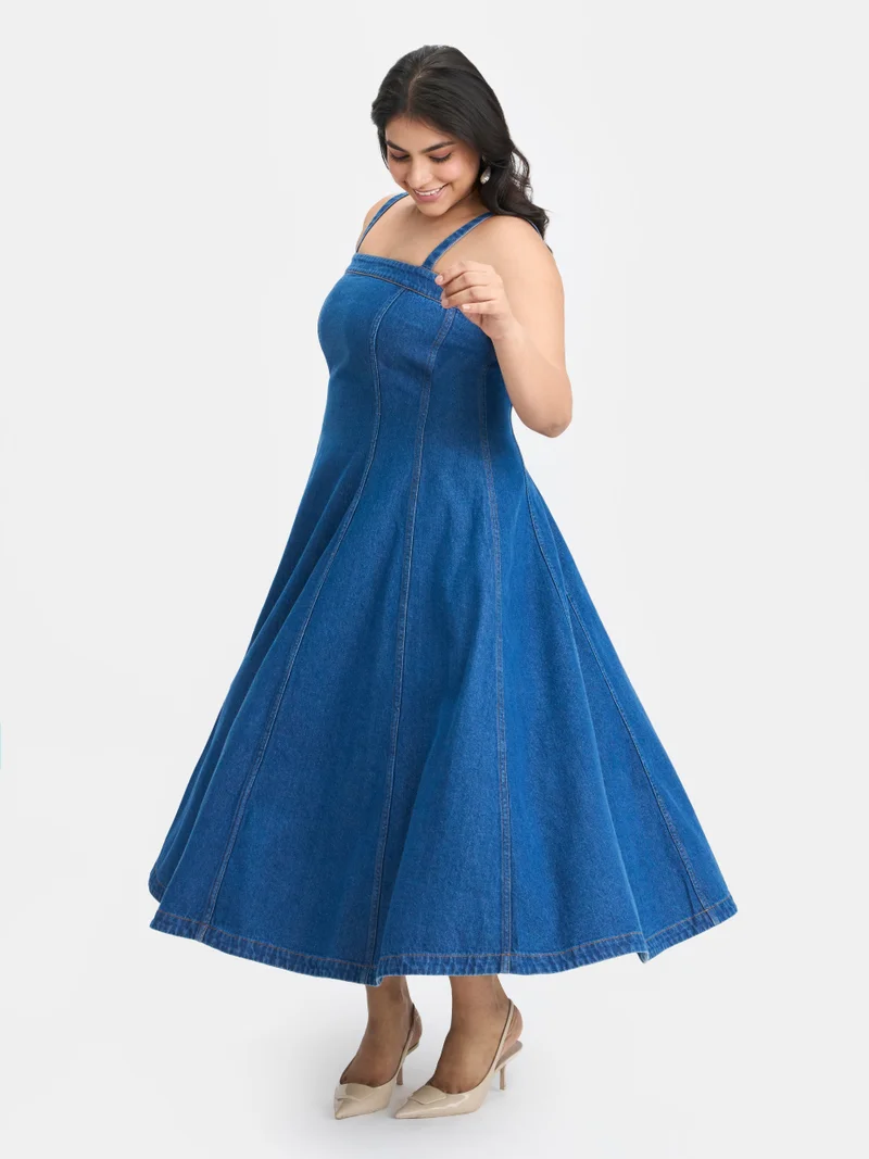 Virgio  Solid Cotton Denim Buttoned Flared Plus Size Dress for Women for Women | Best Price UAE