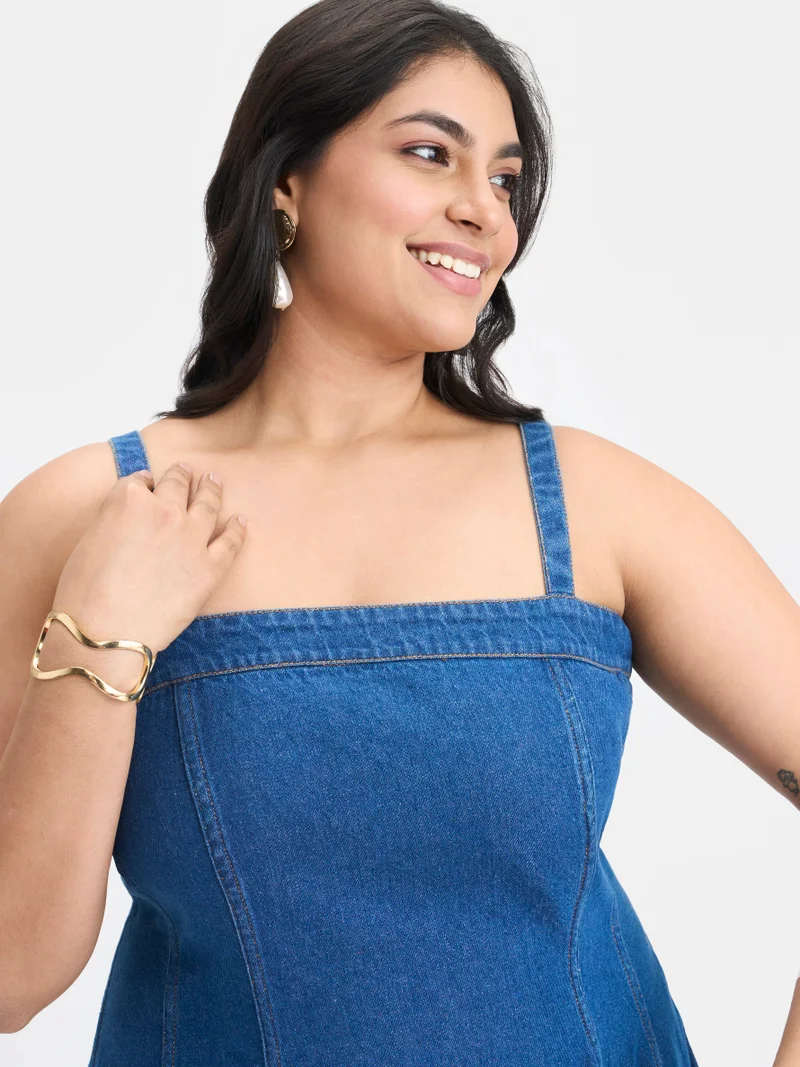 Virgio  Solid Cotton Denim Buttoned Flared Plus Size Dress for Women for Women | Best Price UAE
