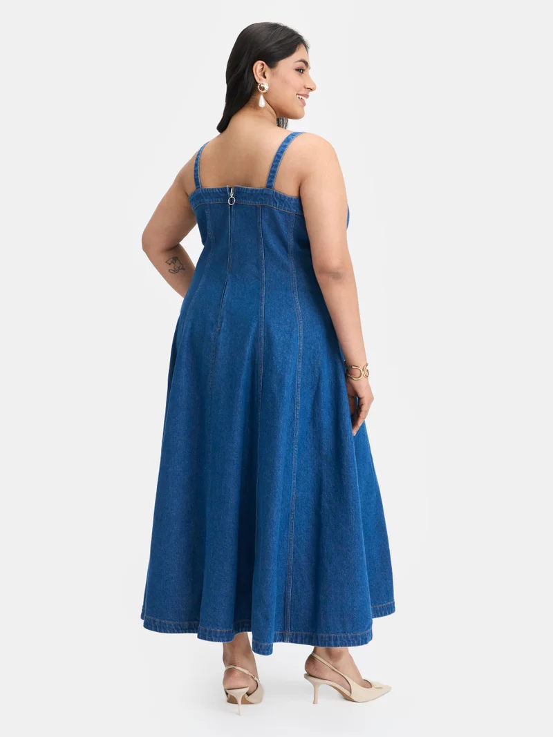 Virgio  Solid Cotton Denim Buttoned Flared Plus Size Dress for Women for Women | Best Price UAE