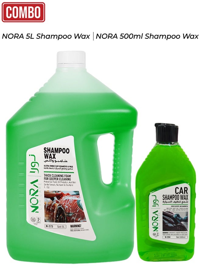 Nora 5L/500ml Car Shampoo Wax – Ultra Shine Wash & Wax, Dual Action Cleaning & Protection, Thick Foaming, pH Balanced, Colour Safe, Gentle on All Car Surfaces, Suitable for Bucket, Machine & Foam Wash N-273, N-204 - Image 1