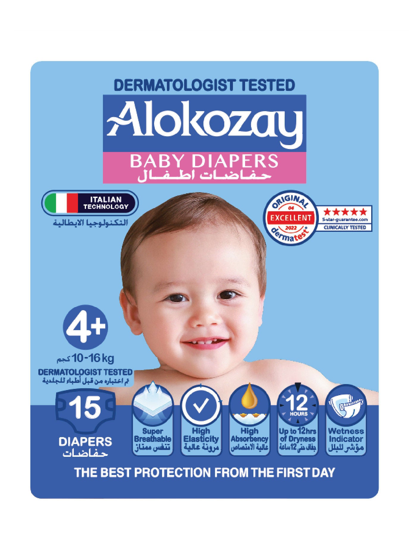 Alokozay Premium Baby Diapers - Size 4+ (10-16 Kg) Suitable for Sensitive Skin- 15 Diapers Count