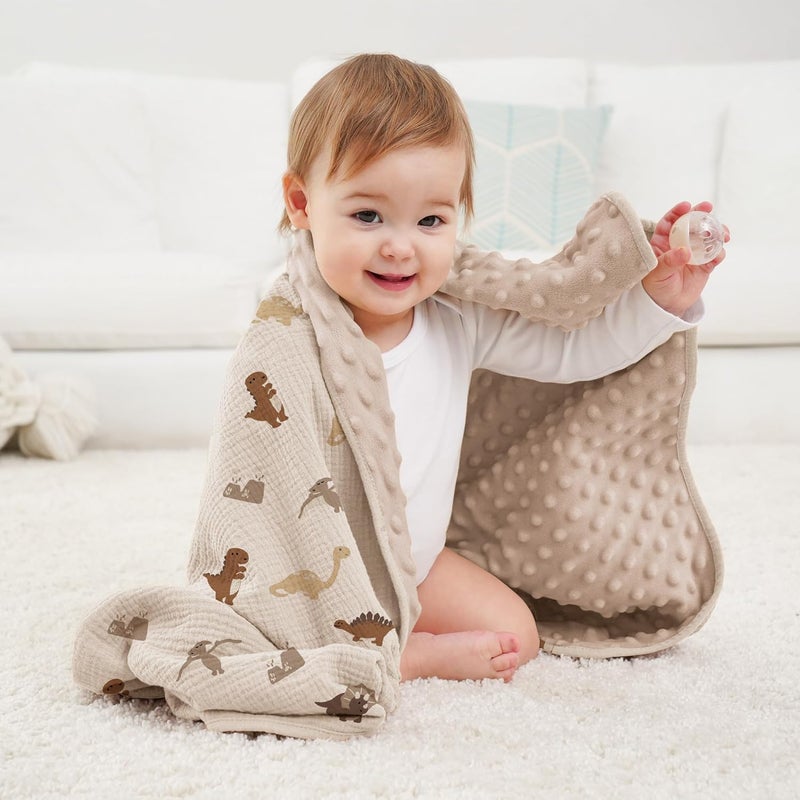 Susurration Baby Blanket for Unisex Boys Girls Soft Nursery Minky Blanket with Muslin Cotton Front and Dotted Fleece Back Receiving Blanket for Baby Newborn Infant 30x40inch Dinosaur - Image 2