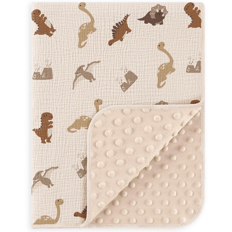 Susurration Baby Blanket for Unisex Boys Girls Soft Nursery Minky Blanket with Muslin Cotton Front and Dotted Fleece Back Receiving Blanket for Baby Newborn Infant 30x40inch Dinosaur - Image 1