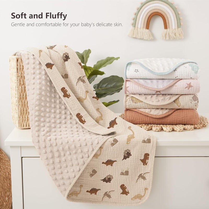 Susurration Baby Blanket for Unisex Boys Girls Soft Nursery Minky Blanket with Muslin Cotton Front and Dotted Fleece Back Receiving Blanket for Baby Newborn Infant 30x40inch Dinosaur - Image 4