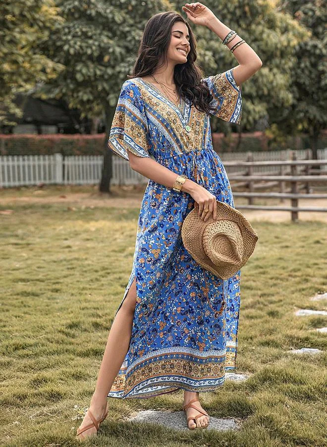 تايك تو Take Two Allover Printed Drawstring Waist Maxi Dress