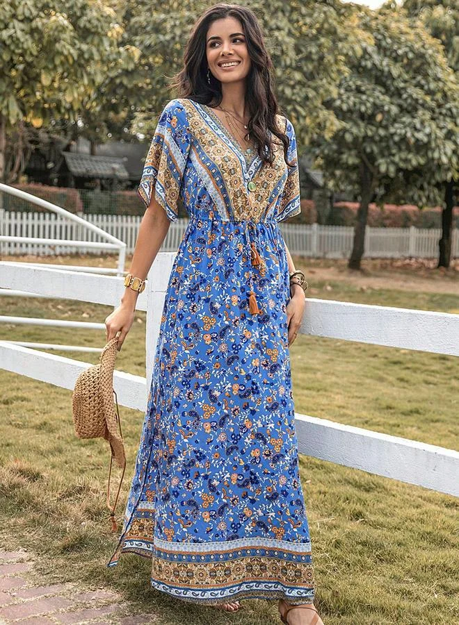 تايك تو Take Two Allover Printed Drawstring Waist Maxi Dress