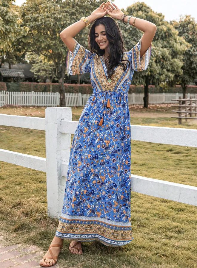 تايك تو Take Two Allover Printed Drawstring Waist Maxi Dress