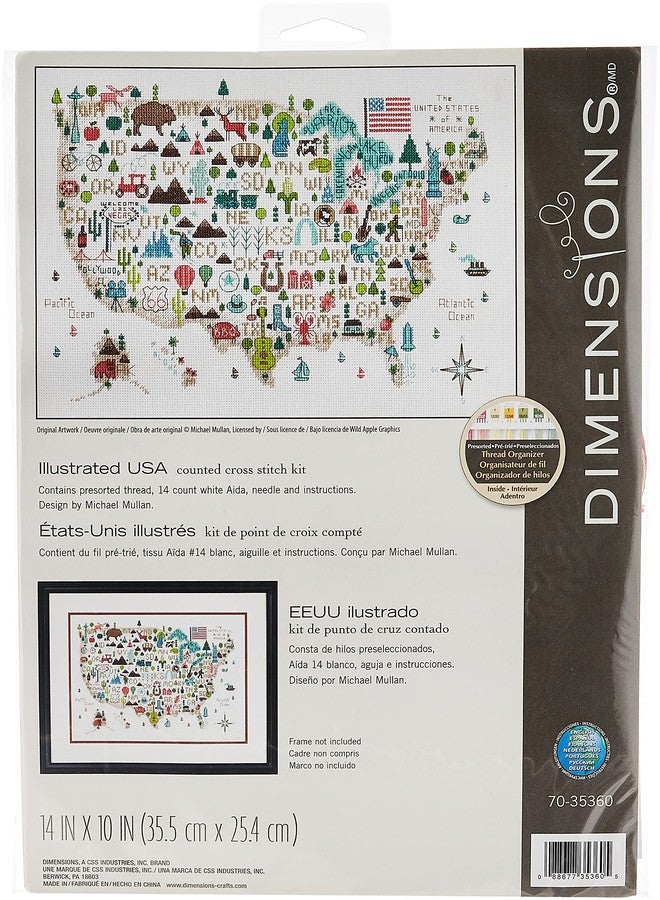 Dimensions Darice Dimensions 'Illustrated USA' Patriotic 50 States Counted Cross Stitch Kit, 14 Count White Aida Cloth, 14" x 10", Red - Image 1