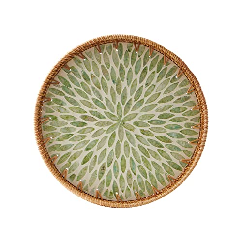 Kmelep Round Rattan Tray with Mother of Pearl Inlay, Rattan Serving Tray with Wooden Base, Decorative Wicker Basket for Table Decor, Storage and Display of Coffee Bread Food Fruit (Leaf) - Image 1