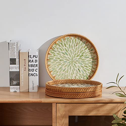 Kmelep Round Rattan Tray with Mother of Pearl Inlay, Rattan Serving Tray with Wooden Base, Decorative Wicker Basket for Table Decor, Storage and Display of Coffee Bread Food Fruit (Leaf) - Image 3