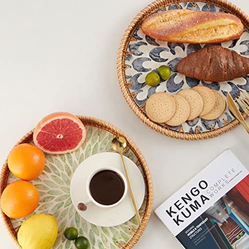 Kmelep Round Rattan Tray with Mother of Pearl Inlay, Rattan Serving Tray with Wooden Base, Decorative Wicker Basket for Table Decor, Storage and Display of Coffee Bread Food Fruit (Leaf) - Image 2