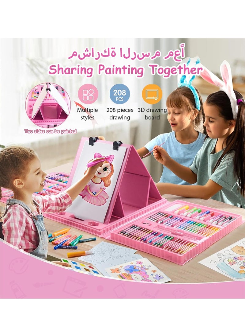 DPTER 208 PCS Art Drawing Set, Deluxe Colouring Art Set for Kids,Drawing & Painting Set with Watercolour Drawing Colouring Pencils for Children,Pink - Image 2