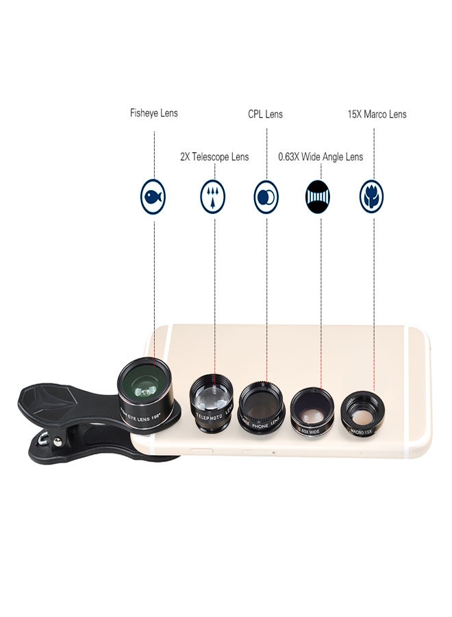 APEXEL APL-DG5H 5 in 1 Cellphone Lens Kit 198° Fisheye Lens 0.63X Wide Angle Lens 15X Macro Lens 2X Telescope CPL Lenses for iPhone Samsung Huawei Xiaomi Smartphone - Image 3