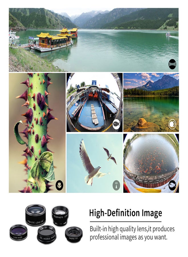 APEXEL APL-DG5H 5 in 1 Cellphone Lens Kit 198° Fisheye Lens 0.63X Wide Angle Lens 15X Macro Lens 2X Telescope CPL Lenses for iPhone Samsung Huawei Xiaomi Smartphone - Image 5
