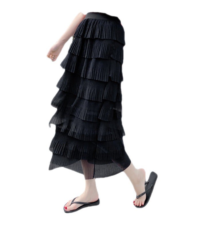 Large size womens dress 2023 new summer skirt fat mm200 kg chiffon skirt layer cake skirt long Skirt black [no coat] 80cm long with lining