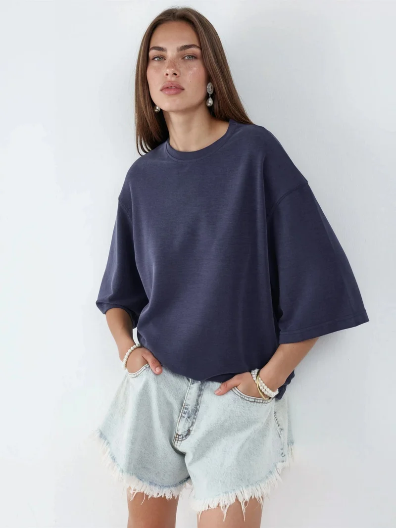 بوسيم BUSEM Oversized Ribbed Crop Blouse with Crew Neck