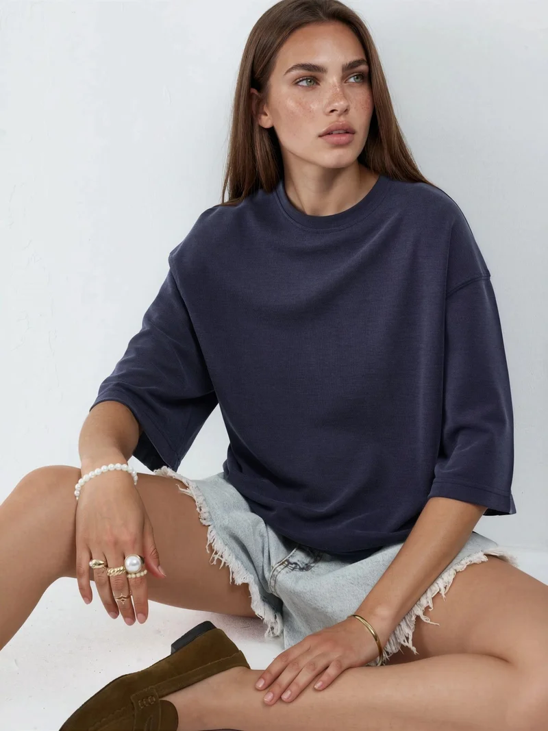 بوسيم BUSEM Oversized Ribbed Crop Blouse with Crew Neck