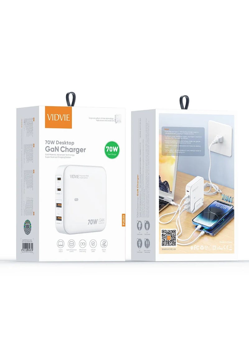 Vidvie 70W Desktop GaN Charger With Stand 4 Port Fast Charging Station Hub Block 2 Type-C Ports 2 USB Ports for Macbook, iPhone, Galaxy, iPad and More - Image 2