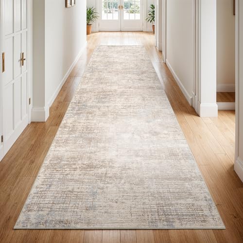 EISUROM 3x10 Hallway Washable Runner Rug - Non-Slip Kitchen Rugs with Rubber Backing Abstract Low-Pile Carpet Runners for Laundry Room Home Decor Bedroom Bathroom Entryway (Ivory Beige Distressed,3x10) - Image 1