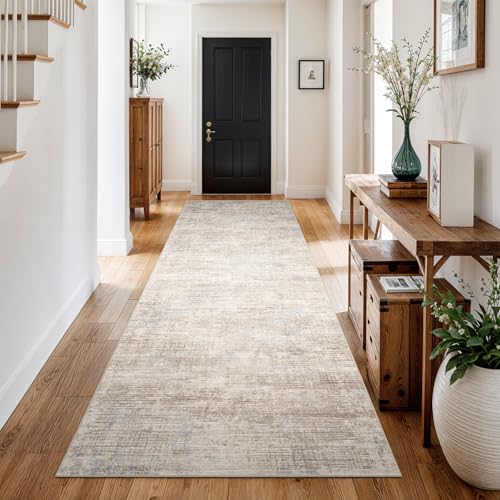 EISUROM 3x10 Hallway Washable Runner Rug - Non-Slip Kitchen Rugs with Rubber Backing Abstract Low-Pile Carpet Runners for Laundry Room Home Decor Bedroom Bathroom Entryway (Ivory Beige Distressed,3x10) - Image 2