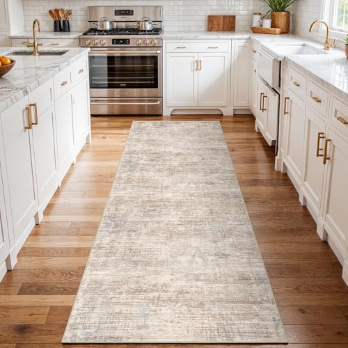 EISUROM 3x10 Hallway Washable Runner Rug - Non-Slip Kitchen Rugs with Rubber Backing Abstract Low-Pile Carpet Runners for Laundry Room Home Decor Bedroom Bathroom Entryway (Ivory Beige Distressed,3x10) - Image 3